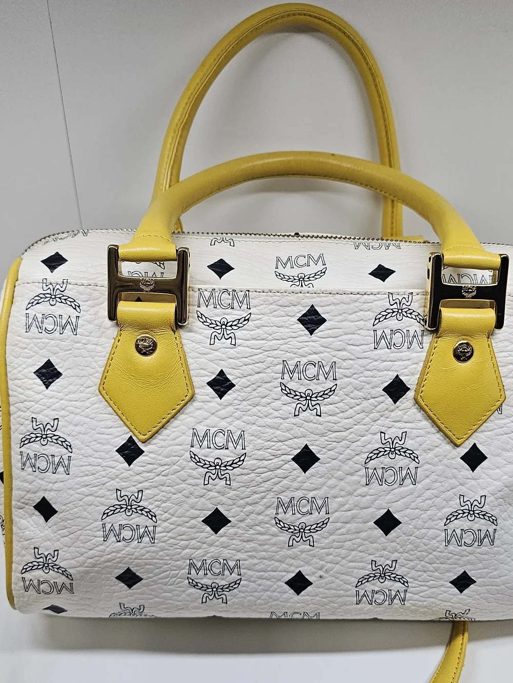 MCM White & Yellow Logo Satchel